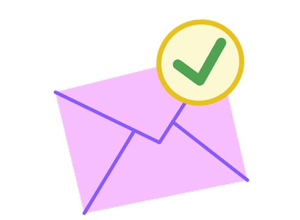 A purple letter envelope with a green tick on the top right corner.
