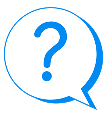 A light blue thought bubble with a blue question mark.